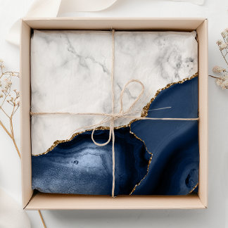 Papier Mousseline Marbre blanc Agate Navy Blue dorée
