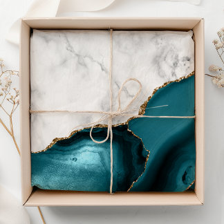 Papier Mousseline Marbre blanc Agate sarcelle bleu doré