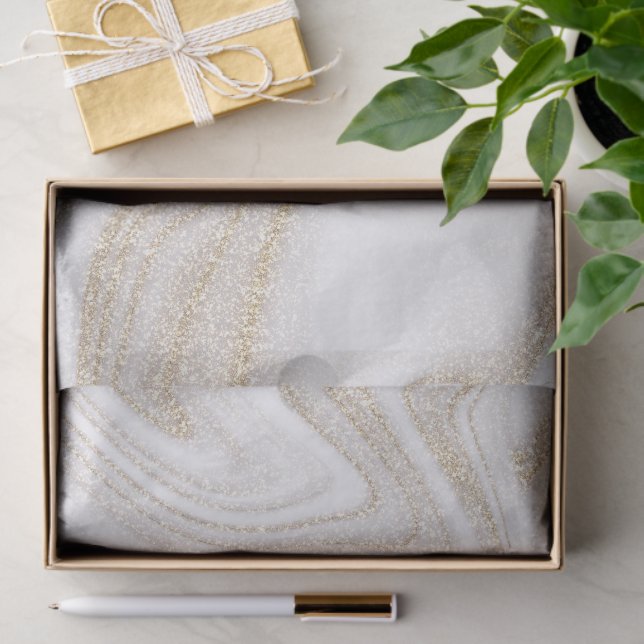 Papier Mousseline Marbre blanc chic moderne paillettes dorées (Cadeau)