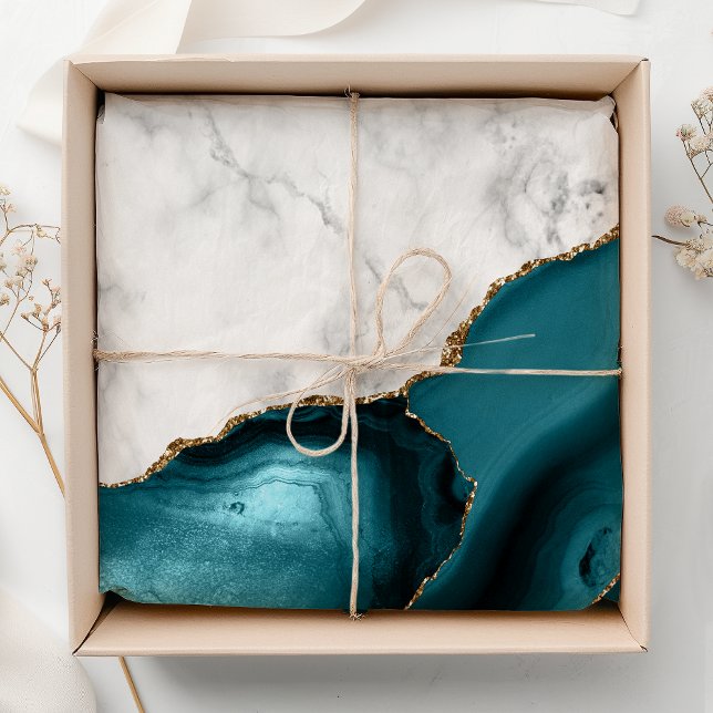 Papier Mousseline Marbre blanc doré Turquoise Bleu Agate (Créateur téléchargé)
