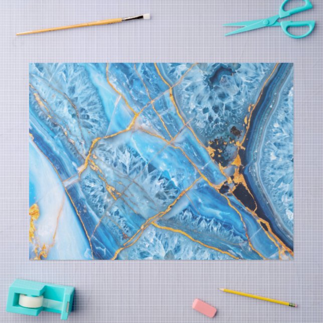 Papier Mousseline Marbre bleu et or (Artisanat)