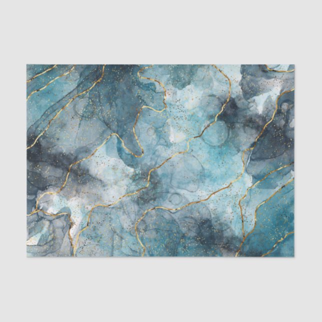 Papier Mousseline Marbre Faux Classique Découpage Bleu/Or (Recto)