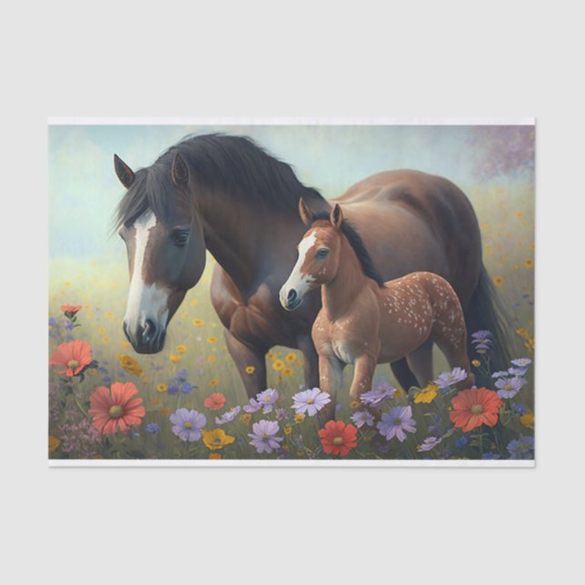 Papier Mousseline Mare et poulain dans un champ de fleurs Découpage (Recto)
