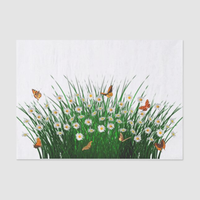 Papier Mousseline Marguerite Vert Herbe Orange Papillons (Recto)