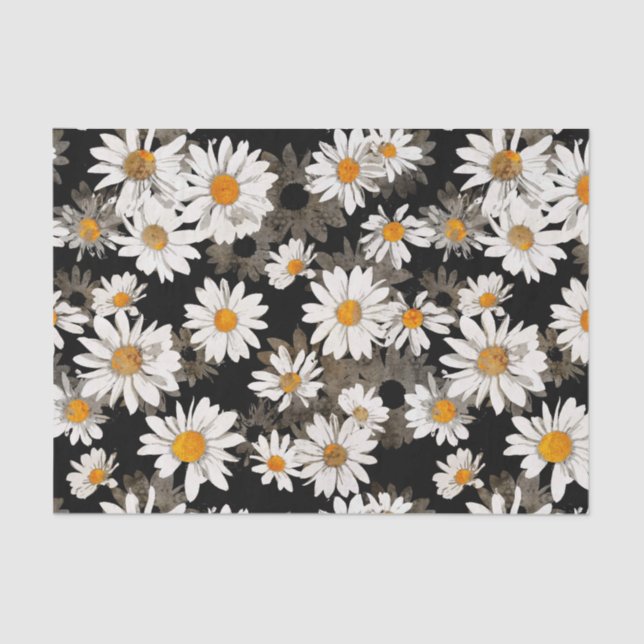 Papier Mousseline Marguerites blanches sur Floral noir (Recto)