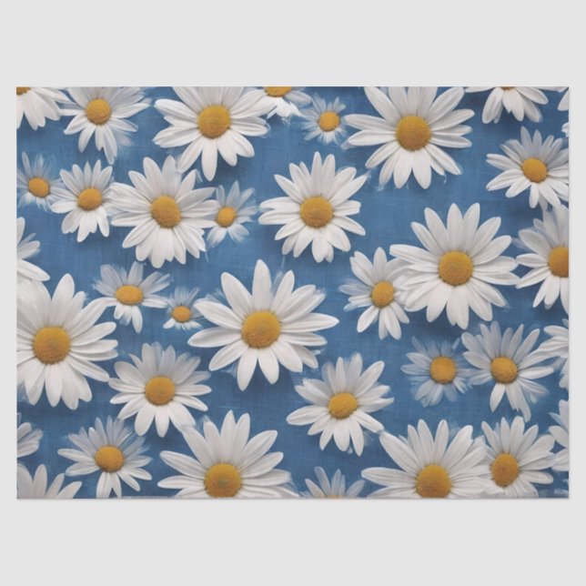 Papier Mousseline Marguerites blanches sur fond bleu (Recto)