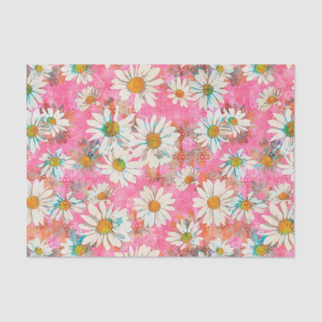 Papier Mousseline Marguerites blanches sur le motif floral rose (Recto)
