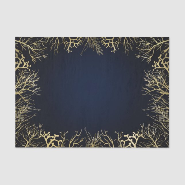 Papier Mousseline Mariage Corail Elégant Or et Bleu Nuit (Recto)