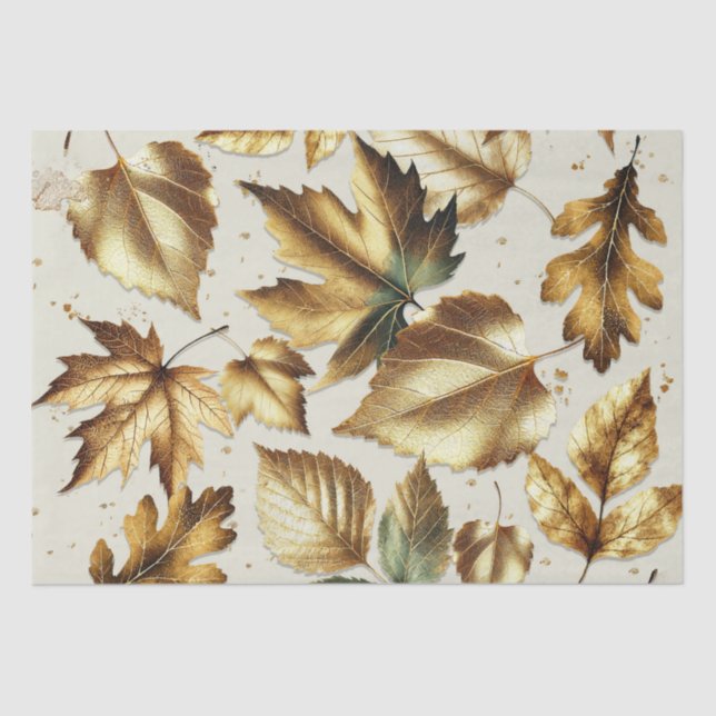 Papier Mousseline Mariage d'automne beige amande feuilles d'or (Recto)
