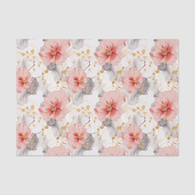 Papier Mousseline Mariage Fleurie Corail Rose Gris (Recto)