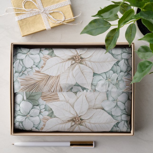 Papier Mousseline Mariage Fleurs Blanches Bleues Tropicales (Cadeau)