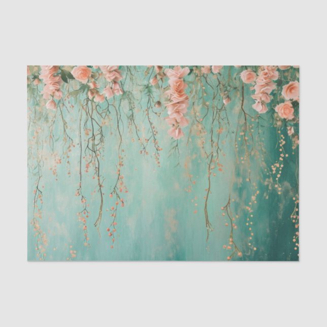 Papier Mousseline Mariage Fleurs Teintées de Teal Romantique (Recto)