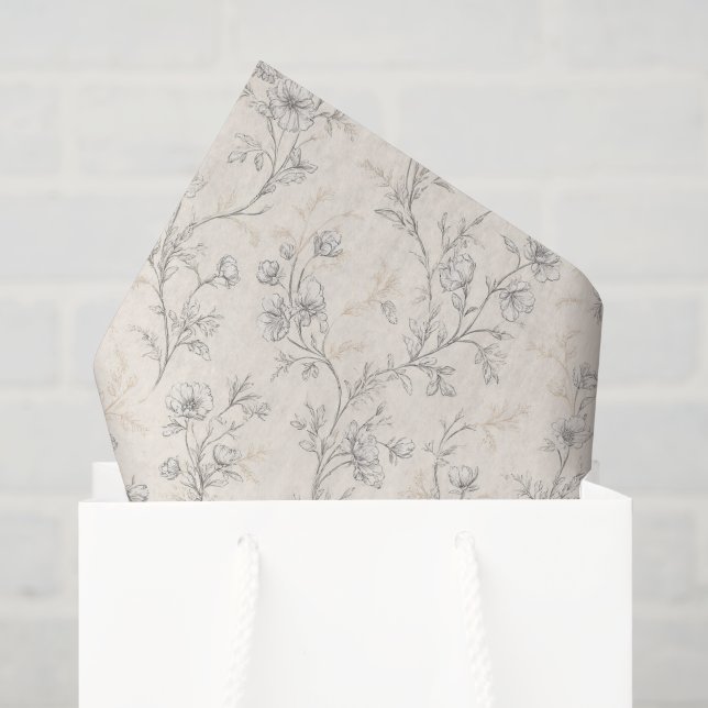 Papier Mousseline Mariage Floral Chic Crème (Sac cadeau)