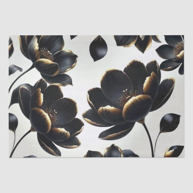 Papier Mousseline Mariage Floral Grège Noir & Or (Recto)