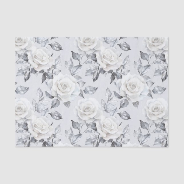 Papier Mousseline Mariage Floral Gris Argenté Chic Blanc (Recto)
