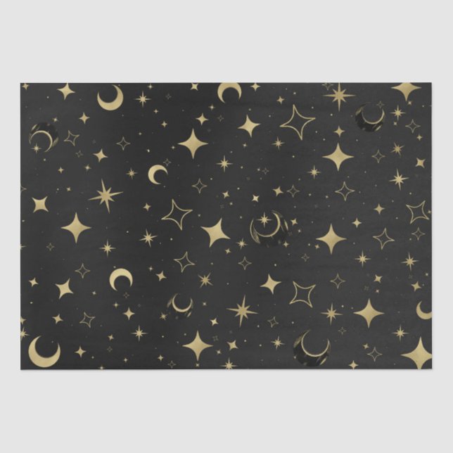 Papier Mousseline Mariage Moderne Céleste Lune Étoiles Noir & Or (Recto)