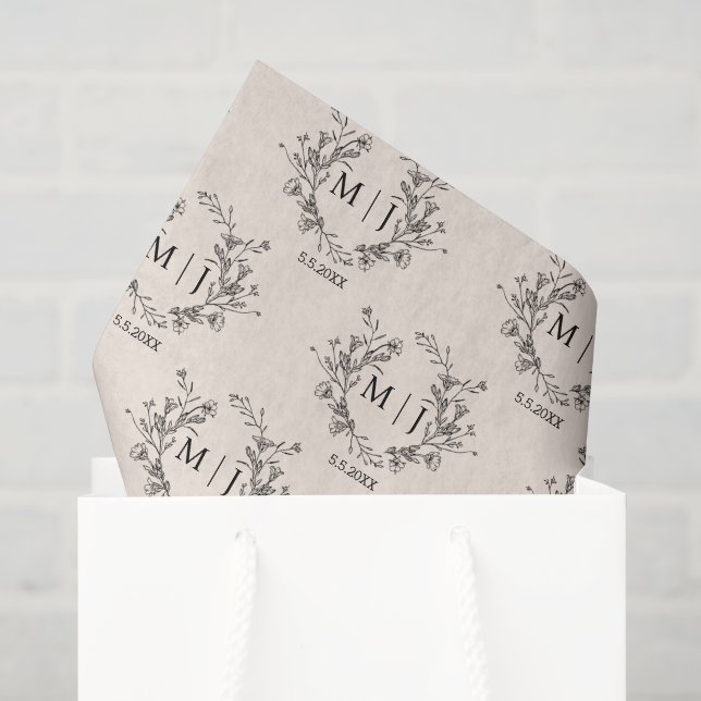 Papier Mousseline mariage monogramme typographie chic botanique  (Sac cadeau)