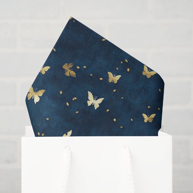 Papier Mousseline Mariage Papillons Bleu Or (Sac cadeau)