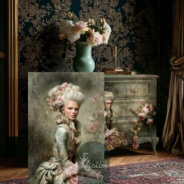 Papier Mousseline Marie Antoinette Portrait Baroque Pink Roses (Baroque portrait print on decoupaged dresser in luxury interior with gold damask wallpaper
)