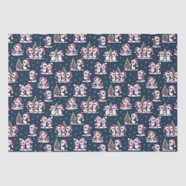 Papier Mousseline Marine Bleu et Pink de mignons pingouins Motif Noë (Recto)