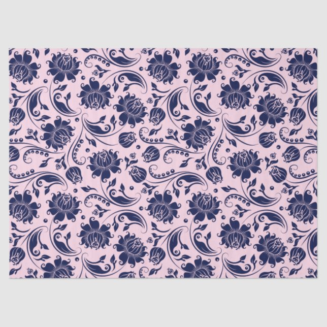 Papier Mousseline Marine bleu Floral Damas Arrière - plan rose (Recto)