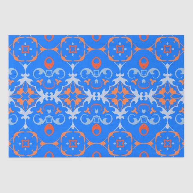 Papier Mousseline Marine Bleu Orange Ethnique Boho Damask Modèle (Recto)
