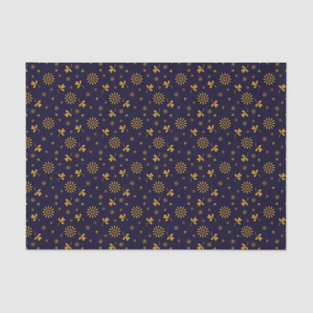 Papier Mousseline Marine Blue Faux Gold Foil Floral Feuilles (Recto)