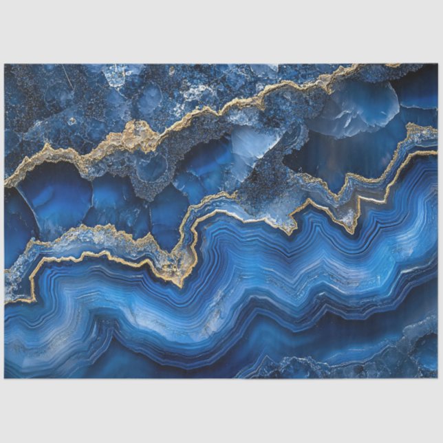 Papier Mousseline Marine Blue Geode Slice avec veines d'or (Recto)