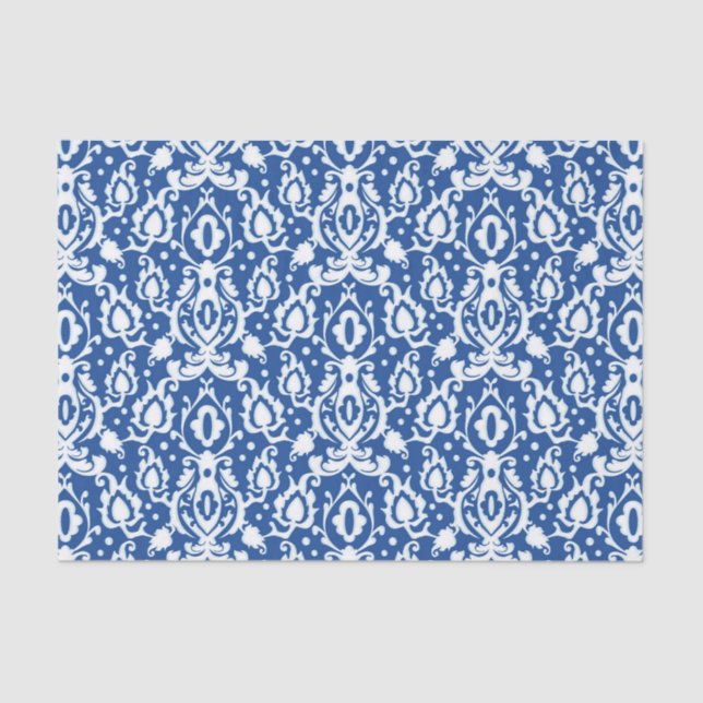 Papier Mousseline Marocain bleu et blanc Casbah Damask (Recto)