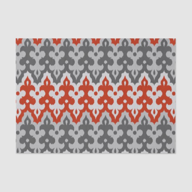Papier Mousseline Marocain Ikat Damask, Graphite Grey et Rouge (Recto)