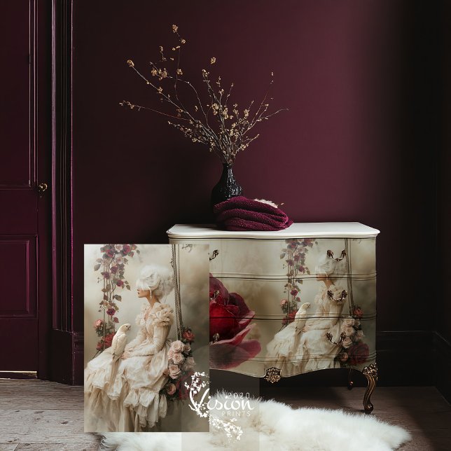 Papier Mousseline Mary Antoinette Portrait Oiseau et Rose Floral (Mary Antoinette, Bird & Floral Victorian Woman Romantic Portrait Art Decoupage Tissue Paper)