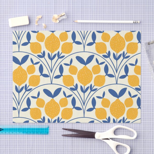 Papier Mousseline Mediterranean Yellow Lemons on Blue scallop shapes (Artisanat)