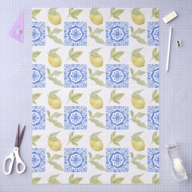 Papier Mousseline Mediterrenean Citrus Lemon pattern (Artisanat)