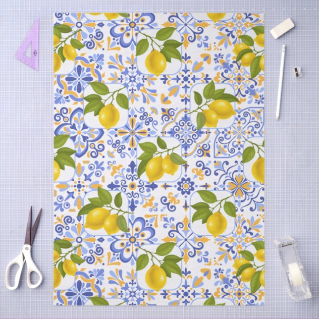 Papier Mousseline Mediterrenean Citrus Lemon pattern (Artisanat)