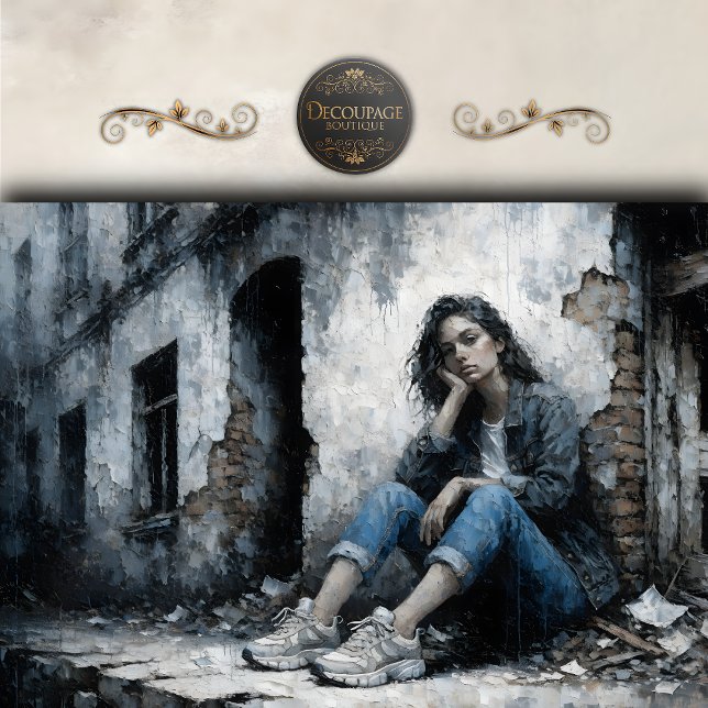 Papier Mousseline Melancholic Urban Woman Blue Gray Decoupage (Melancholic Urban Woman Blue Gray Decoupage Tissue Paper)