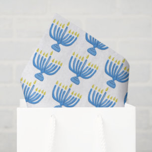 Papier Mousseline Menorah botanique de Hanukkah aquarelle bleue