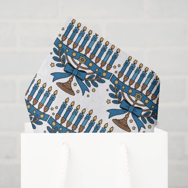 Papier Mousseline Menorah de Hanukkah avec nœud  (Sac cadeau)