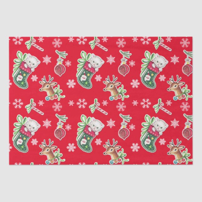 Papier Mousseline Meowy Christmas Happy Reindeer on Red (Recto)