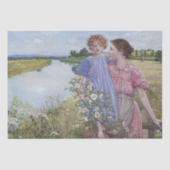 Papier Mousseline Mère et enfant au bord d'une rivière avec des Rose (Recto)