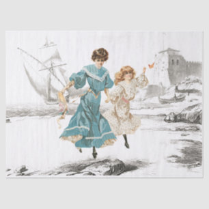 Papier Mousseline Mère Fille Plage Découpage Vintage Bateau Mer