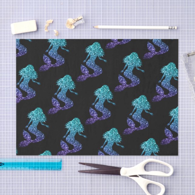 Papier Mousseline Mermaid aqua bleu ombre motif noir (Artisanat)