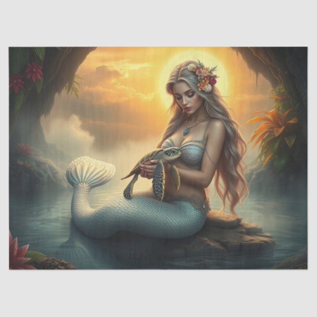 Papier Mousseline Mermaid et sa tortue amie visitent la grotte (Recto)