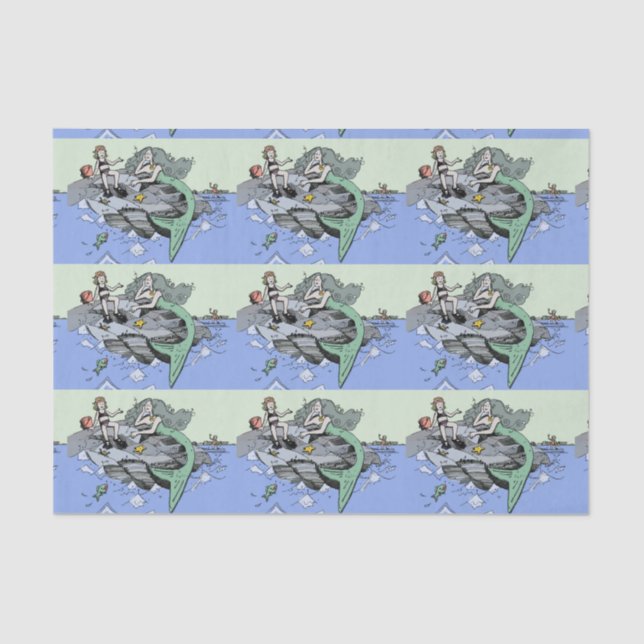 Papier Mousseline Mermaid littoral mignon dessin animé plage art pou (Recto)