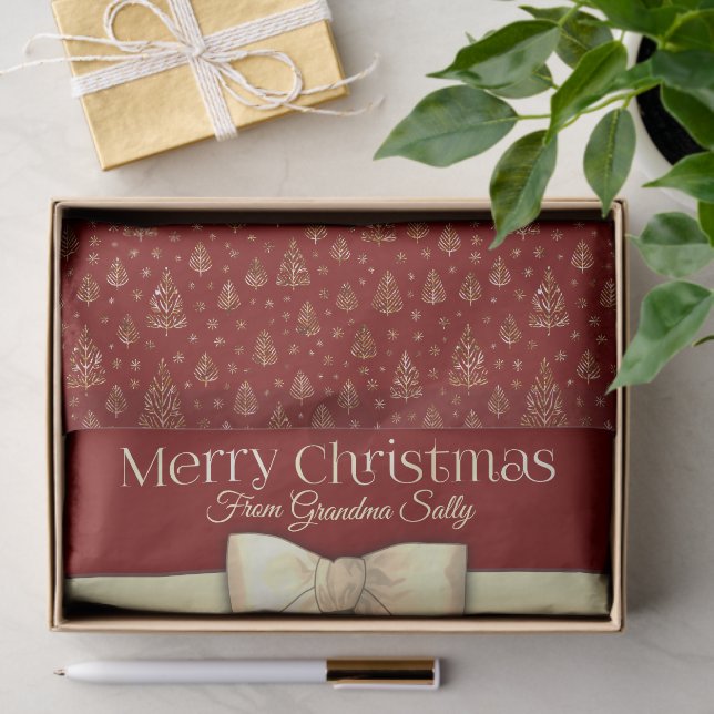Papier Mousseline Merry Christmas bow little pine trees pattern (Cadeau)