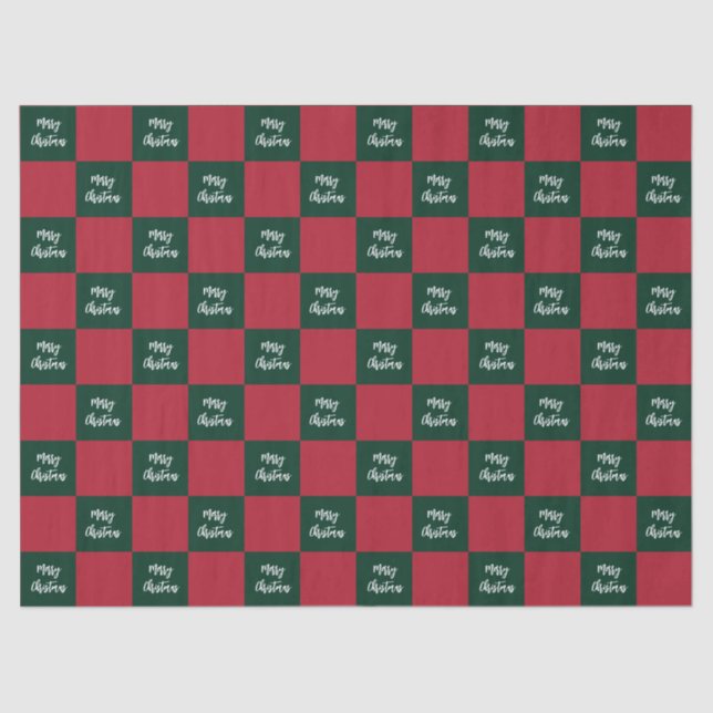 Papier Mousseline Merry Christmas Script Green and Red Checkerboard (Recto)