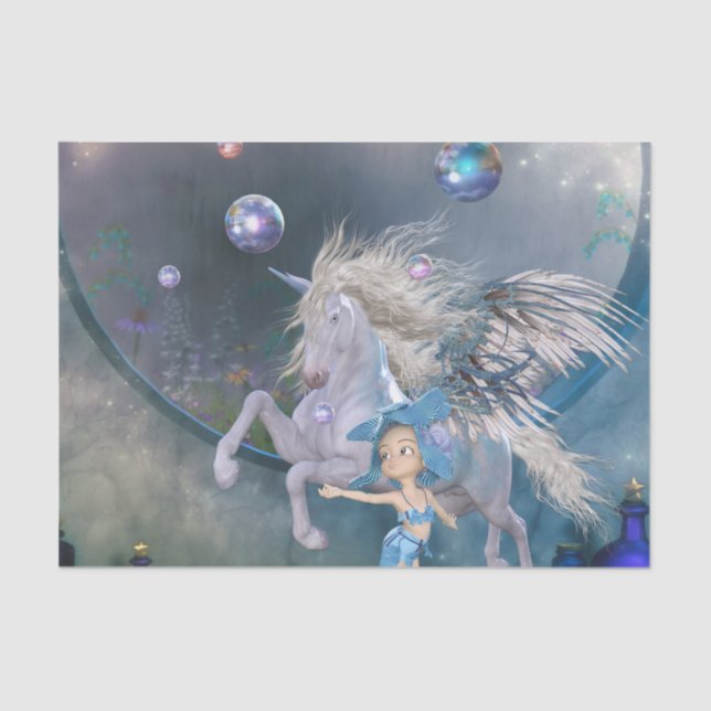 Papier Mousseline Merveilleuse licorne blanche avec peu de fée (Recto)