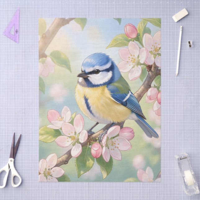 Papier Mousseline Mésange bleue sur un pommier de printemps en décou (Artisanat)