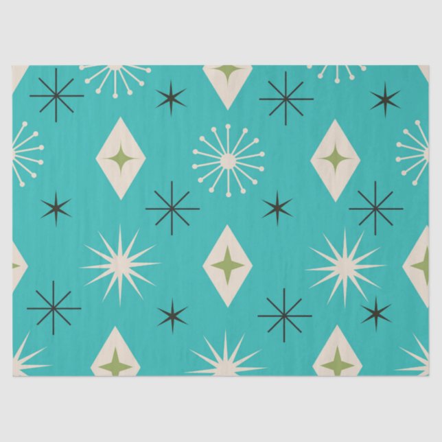Papier Mousseline Mid Century Atomic Stars with diamonds on Teal  (Recto)