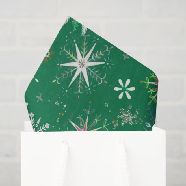 Papier Mousseline Mid-Century Snowflakes Galore On Green (Sac cadeau)