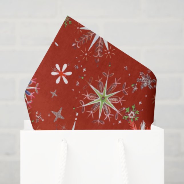 Papier Mousseline Mid-Century Snowflakes Galore On Red (Sac cadeau)